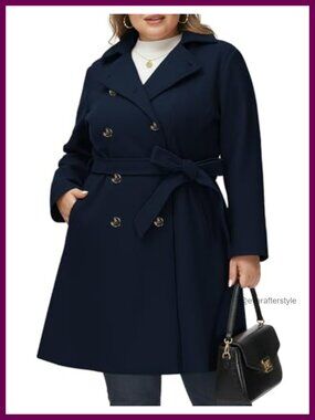 Plus Size Double Breasted Peacoat Wool Blend Winter Coat with Belt